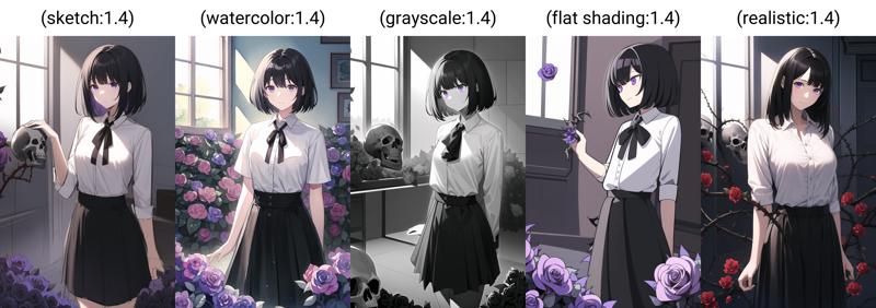 xyz_grid-0091-2172774131-(sketch_1.4),masterpiece,best quality,straight-on,A girl with black hair, white shirt and black skirt，a rose blooms,skull，There.png